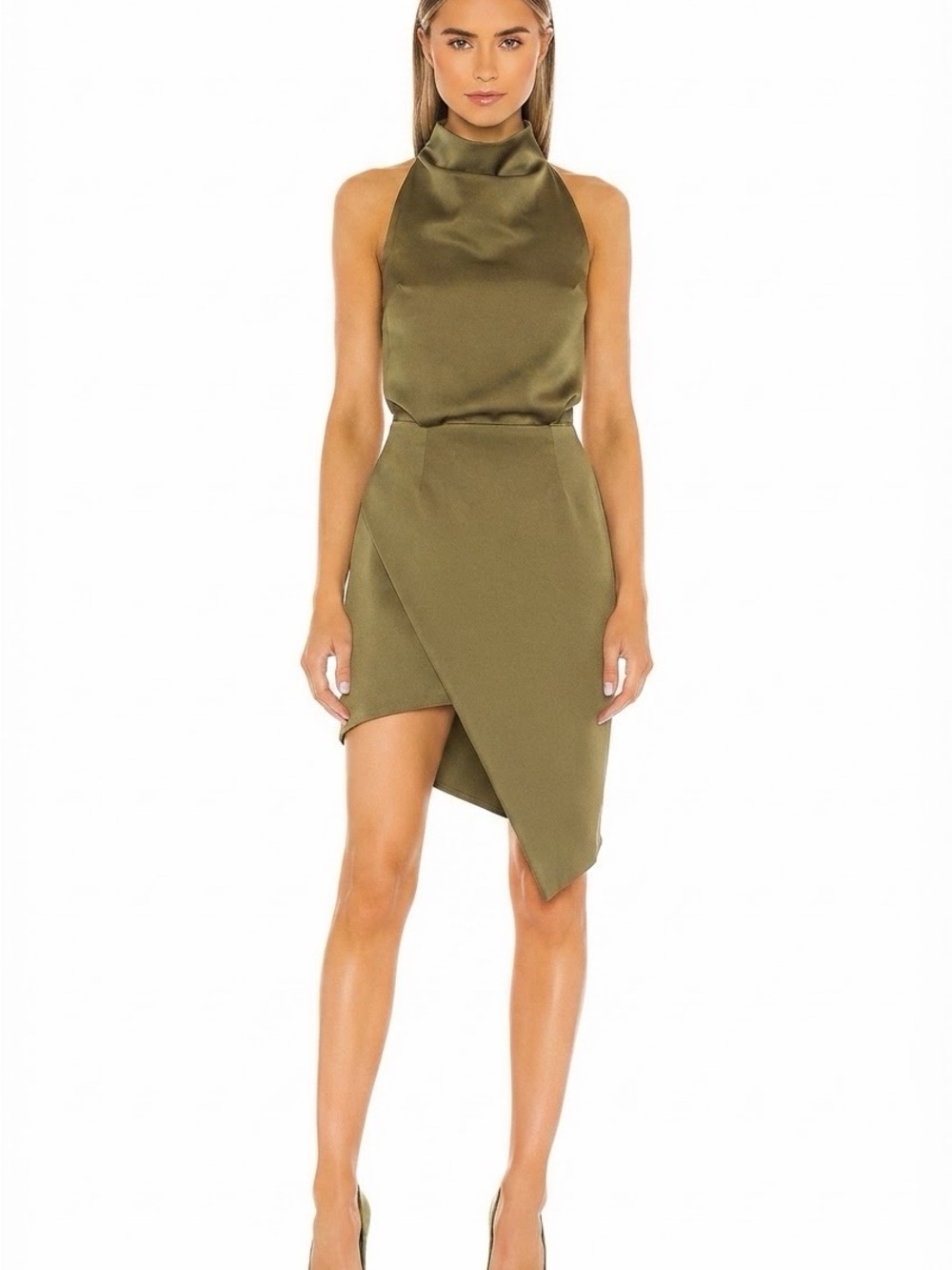 Elliatt Khaki Green Camo Open Back Satin Asymmetric Cocktail Dress Size L NWT